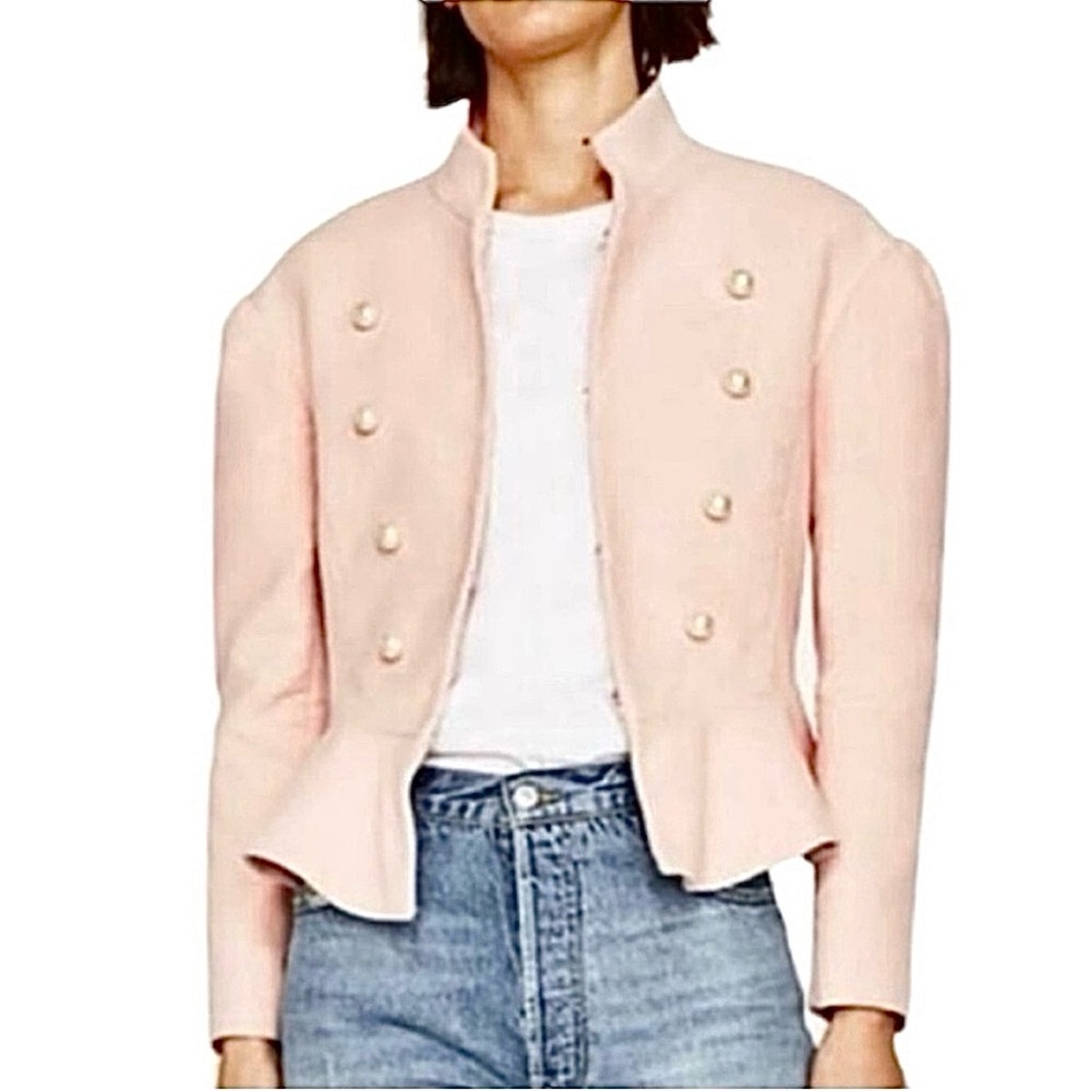 Zara blush pink felt pearl button tailored military peplum jacket blazer M